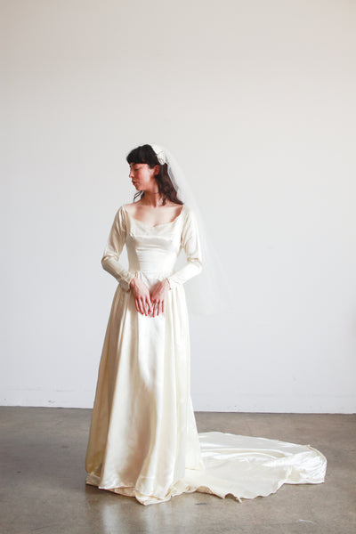 1950s Ivory Silk Satin Basque Waist Gown