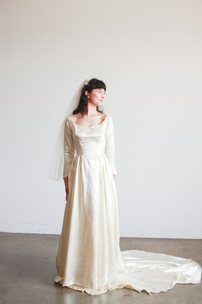 1950s Ivory Silk Satin Basque Waist Gown