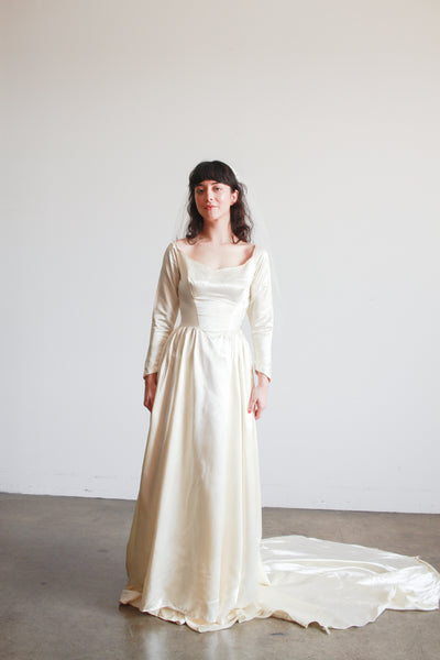 1950s Ivory Silk Satin Basque Waist Gown