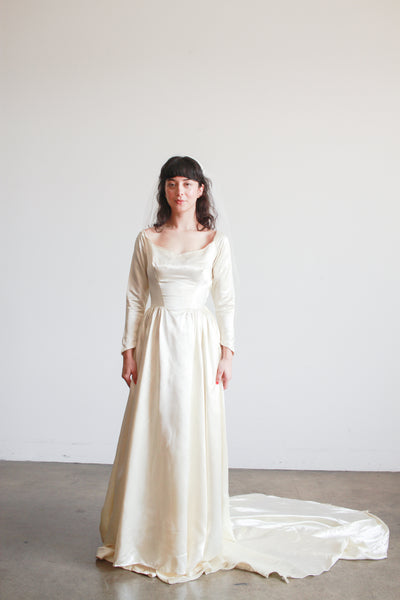 1950s Ivory Silk Satin Basque Waist Gown