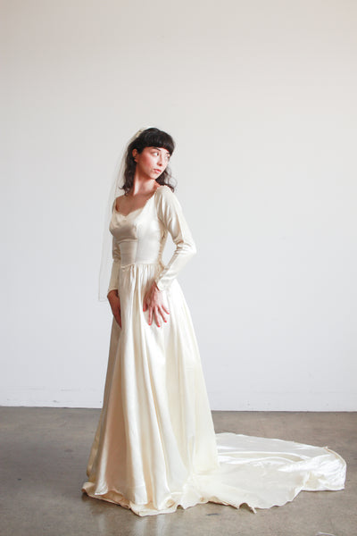 1950s Ivory Silk Satin Basque Waist Gown