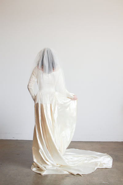 1950s Ivory Silk Satin Basque Waist Gown