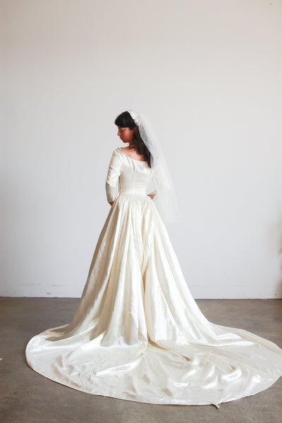 1950s Ivory Silk Satin Basque Waist Gown