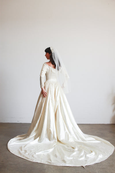 1950s Ivory Silk Satin Basque Waist Gown