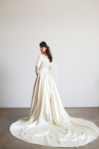 1950s Ivory Silk Satin Basque Waist Gown
