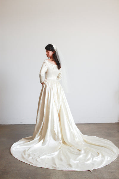 1950s Ivory Silk Satin Basque Waist Gown