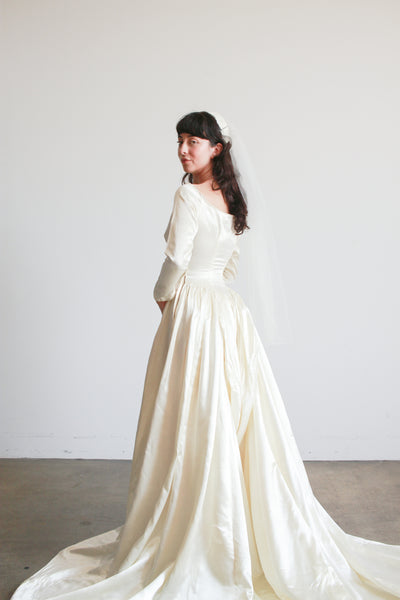 1950s Ivory Silk Satin Basque Waist Gown