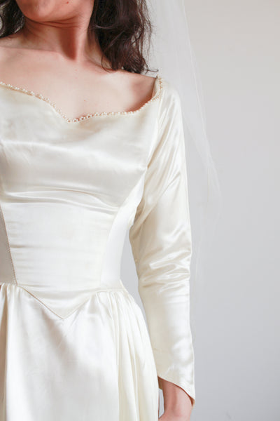 1950s Ivory Silk Satin Basque Waist Gown