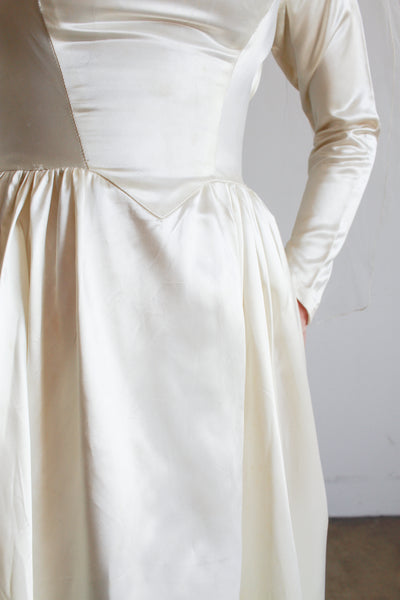 1950s Ivory Silk Satin Basque Waist Gown
