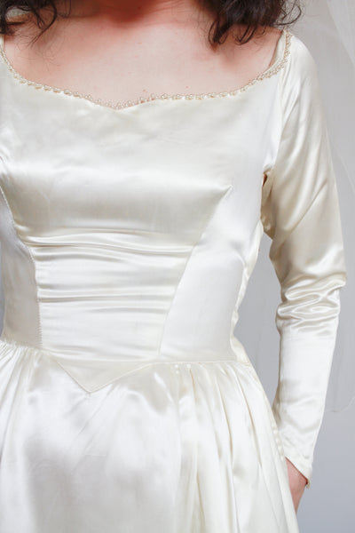 1950s Ivory Silk Satin Basque Waist Gown
