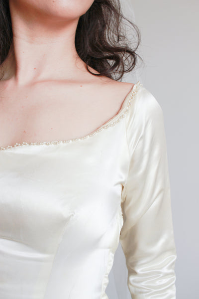 1950s Ivory Silk Satin Basque Waist Gown