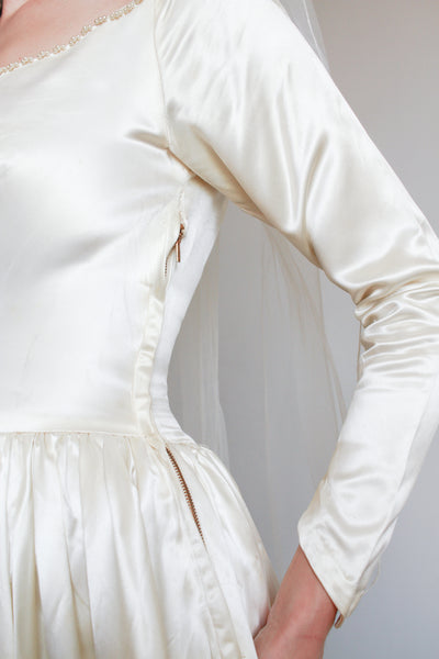 1950s Ivory Silk Satin Basque Waist Gown