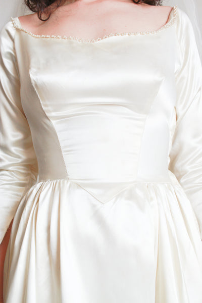 1950s Ivory Silk Satin Basque Waist Gown