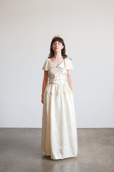 1940s Ivory Liquid Satin Off Shoulder Dress