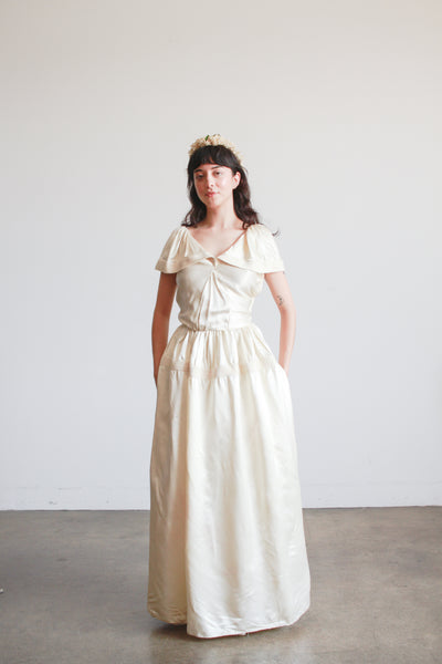 1940s Ivory Liquid Satin Off Shoulder Dress