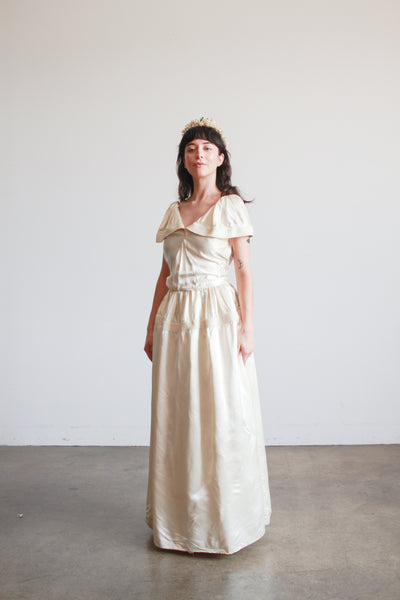 1940s Ivory Liquid Satin Off Shoulder Dress