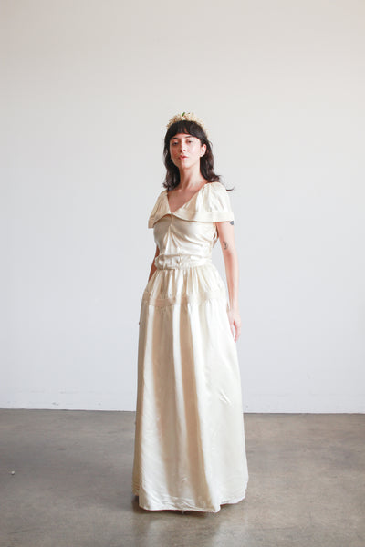 1940s Ivory Liquid Satin Off Shoulder Dress