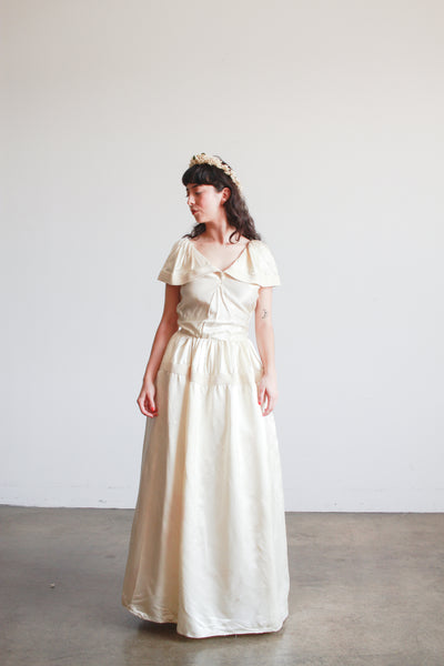 1940s Ivory Liquid Satin Off Shoulder Dress