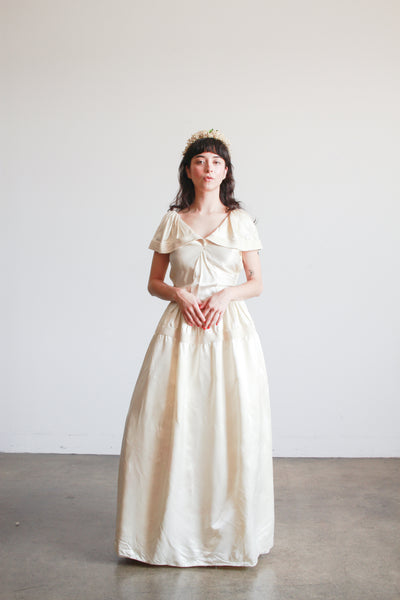 1940s Ivory Liquid Satin Off Shoulder Dress