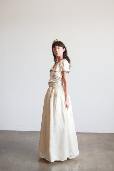 1940s Ivory Liquid Satin Off Shoulder Dress
