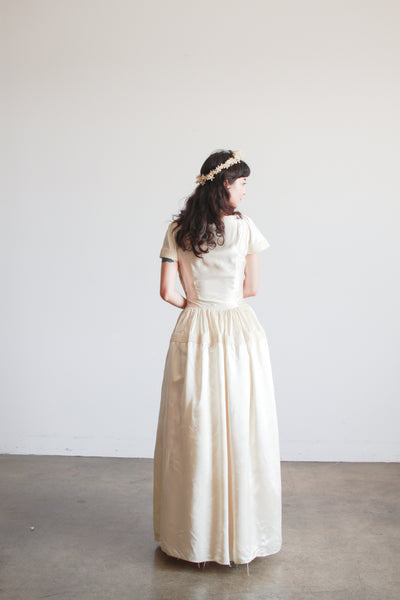 1940s Ivory Liquid Satin Off Shoulder Dress