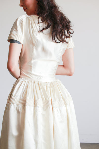 1940s Ivory Liquid Satin Off Shoulder Dress