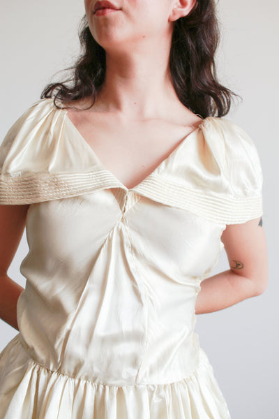 1940s Ivory Liquid Satin Off Shoulder Dress