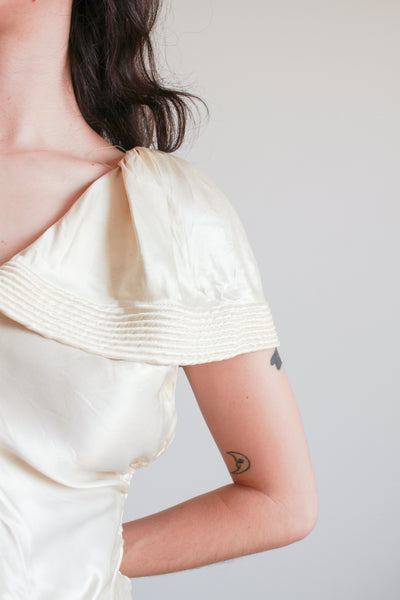 1940s Ivory Liquid Satin Off Shoulder Dress