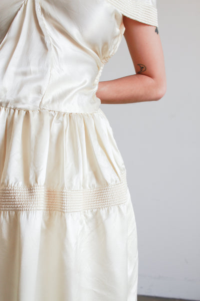 1940s Ivory Liquid Satin Off Shoulder Dress