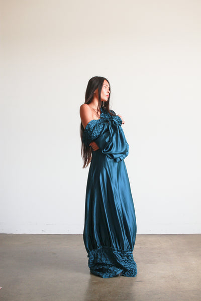 1980s Teal Silk Off the Shoulder Evening Dress