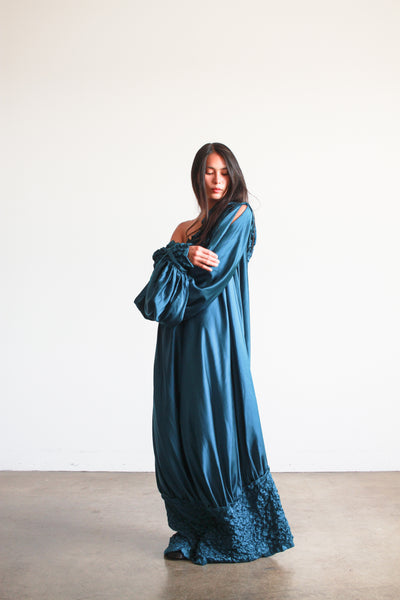 1980s Teal Silk Off the Shoulder Evening Dress