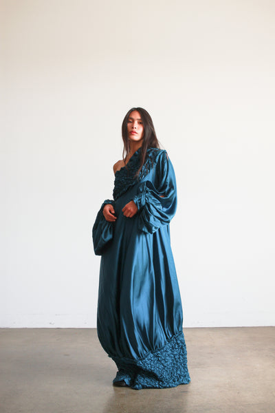 1980s Teal Silk Off the Shoulder Evening Dress