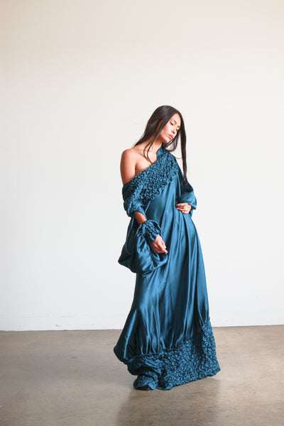 1980s Teal Silk Off the Shoulder Evening Dress