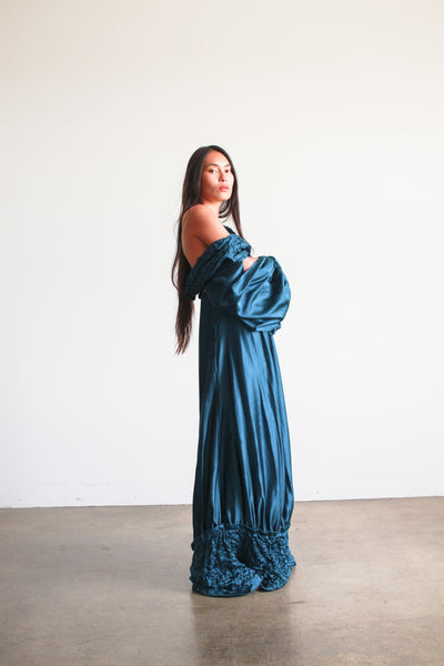1980s Teal Silk Off the Shoulder Evening Dress