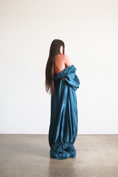 1980s Teal Silk Off the Shoulder Evening Dress