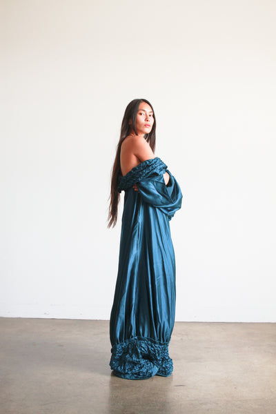 1980s Teal Silk Off the Shoulder Evening Dress