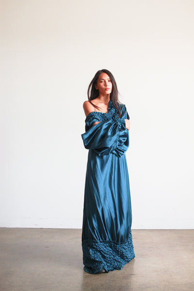 1980s Teal Silk Off the Shoulder Evening Dress