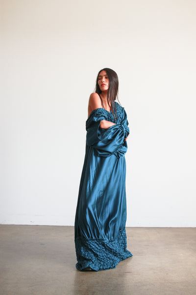 1980s Teal Silk Off the Shoulder Evening Dress