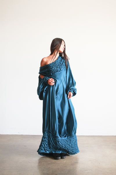 1980s Teal Silk Off the Shoulder Evening Dress