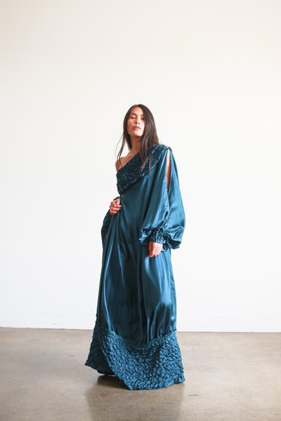1980s Teal Silk Off the Shoulder Evening Dress