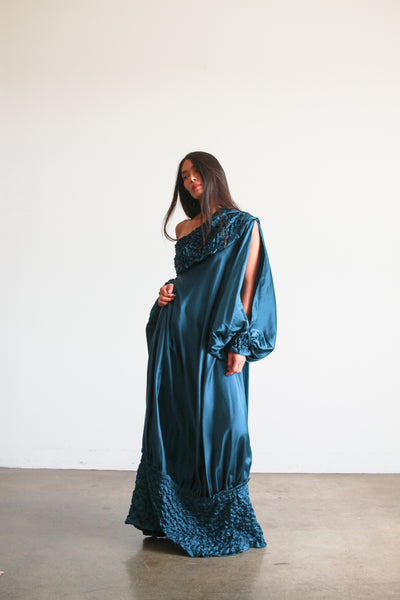 1980s Teal Silk Off the Shoulder Evening Dress