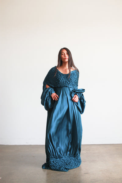 1980s Teal Silk Off the Shoulder Evening Dress