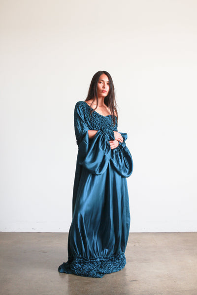 1980s Teal Silk Off the Shoulder Evening Dress