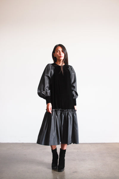1980s Black Velvet Drop Waist Dress