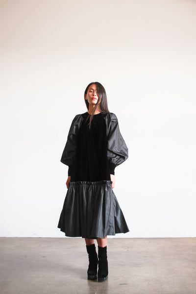 1980s Black Velvet Drop Waist Dress