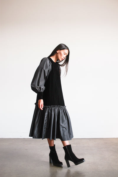 1980s Black Velvet Drop Waist Dress