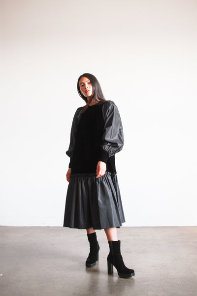 1980s Black Velvet Drop Waist Dress