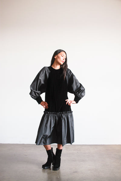 1980s Black Velvet Drop Waist Dress