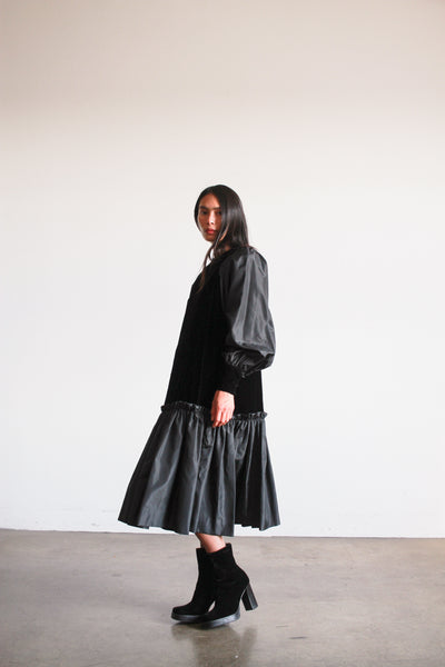 1980s Black Velvet Drop Waist Dress
