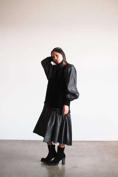 1980s Black Velvet Drop Waist Dress